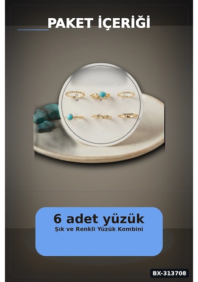 Mavi Taşlı Pirinç Yüzük Seti 6 Adet 7-8 Numara Bayan Bijuteri Takı Hediyelik Bx-313708 Çok Renkli