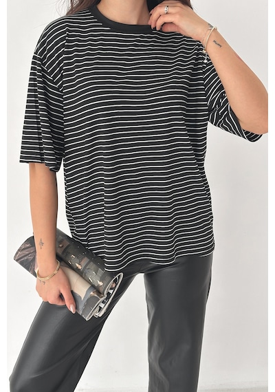 Noa & Noa Kadın Oversize Çizgili Tişört Monochrome Ease Siyah