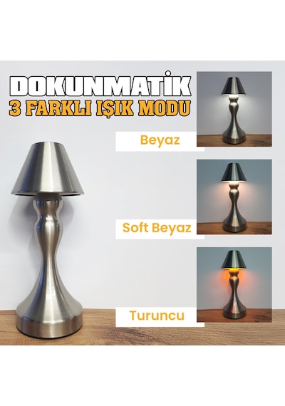 Upway Sarjlı Ayarlanabilir Işıklı 3 Modlu Retro Silver Metal Dokunmatik Fonksiyonel Masa Lambası Gümüş