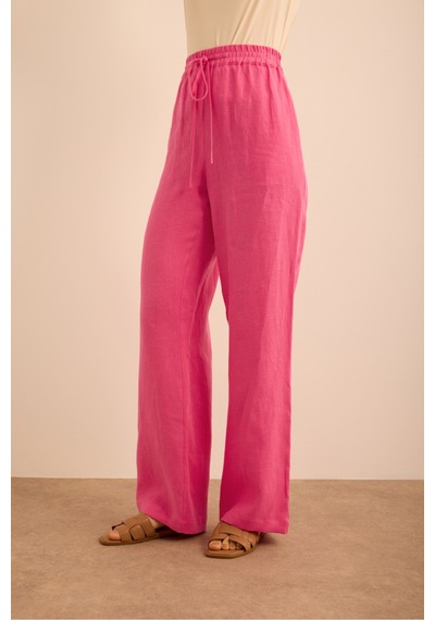 Aker Beli Lastikli Keten Pantolon Pembe Pembe