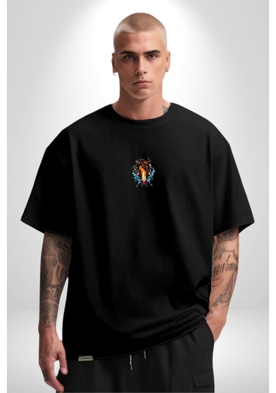 At Kafası Renkli Siyah Oversize Unisex Ön Orta Minimal Baskılı Tişört Siyah