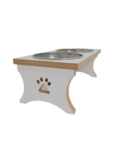 Realwood Köpek Su ve Mama Kabı Standı Küçük Orta Irk Beyaz Mdf Çelik Kase 2 x 400 ML