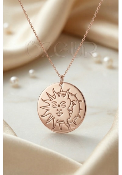 925 Ayar Gümüş Ay Ve Güneş Figürlü Madalyon Kolye Rose Gold