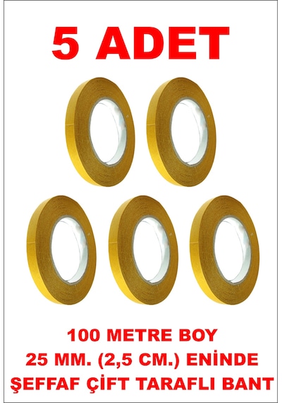 Çift Taraflı Şeffaf Bant 100 M. 25 Mm 5 Adet