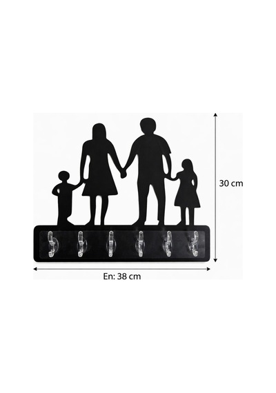 Aile Figürlü Dekoratif Duvar Askılığı 6 Kancalı Mdf Anahtarlık Ve Askı 38 X 30 Cm Siyah Siyah