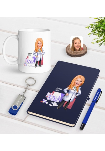 Kişiye Özel Kadın Eczacı Karikatürlü Lacivert Defter Kalem Kupa 3 N11.224