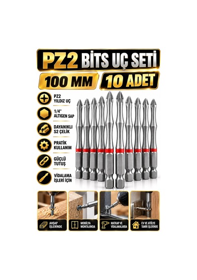 Pz2 Yıldız Uzun Bits Uç Seti 100 Mm 10 Adet S2 Çelik 1/4 İnç Altıgen Şaftlı Tornavida Vidalama Ucu