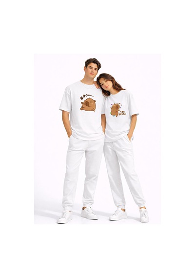 Sevgili Kombini Sevimli Ayı Baskılı Çift Tişört Oversize Unisex P Beyaz