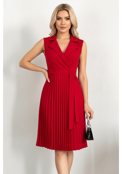 Defymoda Kadın Plise Detaylı Kuşaklı Modern Elbise Kırmızı