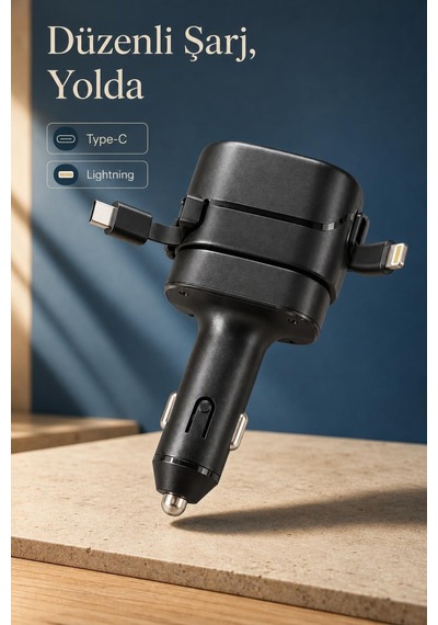 Makaralı Kablolu Type C Ve Lightning Uçlu E1 Araç Şarjı