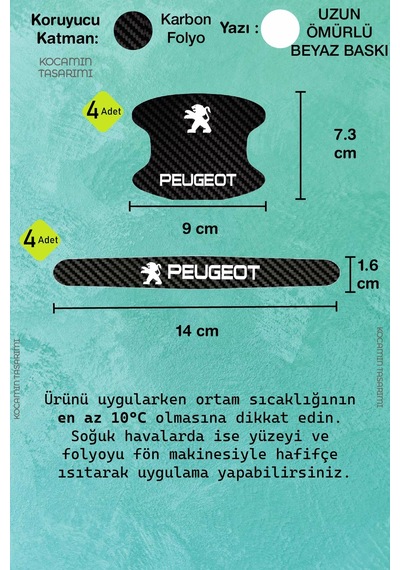 Peugeot Tasarımlı Karbon Desenli Kapı İçi Kolları Koruma Folyo Seti Tasarımlı Serisine Özel Üretim 8 Parça Takım