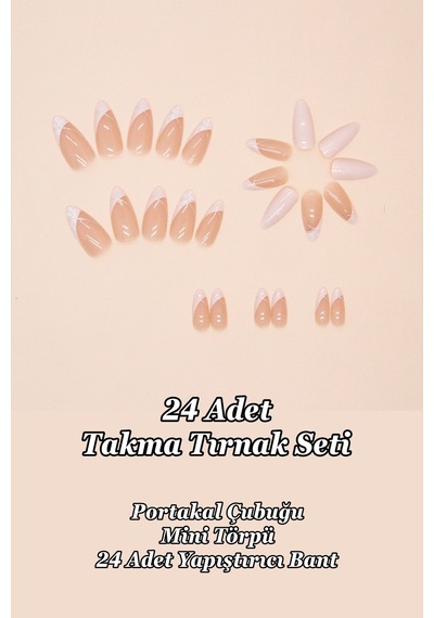 Nude Badem Tırnak Orta Uzunlukta 24 Adet French Takma Tırnak Seti W1490 Nude