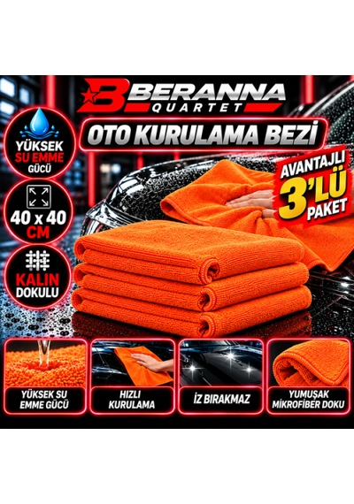 Microfiber Oto Kurulama Bezi 40x40 400 Gsm Kalın Dokulu Turuncu 3 Lü Paket