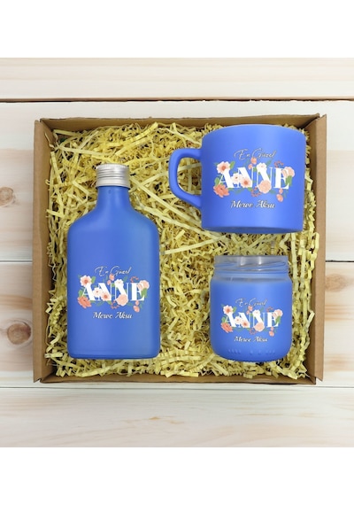 Bk Gift Kişiye Özel İsimli Dtf Anne Temalı Mavi Kahve Fincanı & Kolonya & Mum Hediye Seti-4, Anneye Hediye, Anneler Günü Hediyesi Kobitmeyencom30966 B