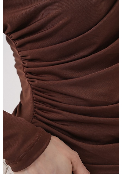 Hiccup Bdart Drape Detaylı Vücuda Oturan Dik Yaka Bluz Mocha Kahvesi