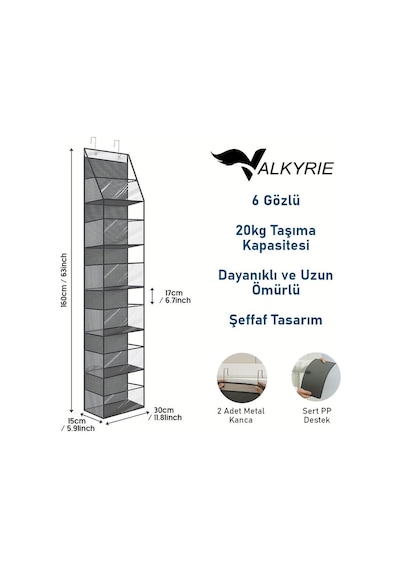 Valkyrie Kapı Arkası Organizer 6 Gözlü Askılı Dolap Düzenleyici Çok Amaçlı Kapı Arkası Raf Gri Gri