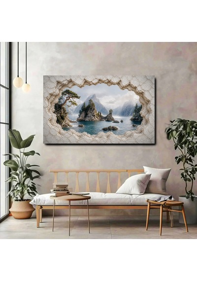 3d Efektli Dağ Ve Deniz Manzaralı Kırık Duvar Kanvas Tablo