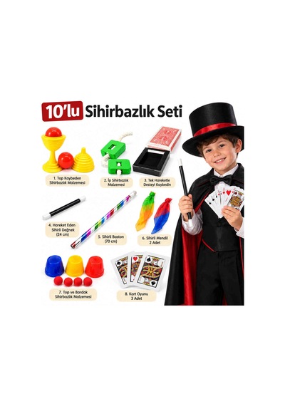10 Parçalı Çocuk Sihirbazlık Seti Sihirli Değnek, Baston Ve Sihir Oyunları