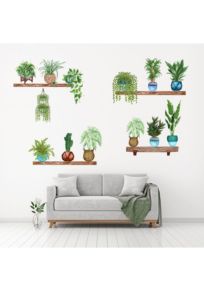 Raflı Saksılı Çiçek Tasarımlı Yapışkanlı Duvar Sticker Mc-480b Renkli