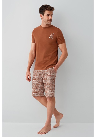Arnetta Premium Erkek Cool Summer Rahat Kalıp %100 Pamuk Kısa Kollu Şortlu Aile Pijama Takım Kiremit