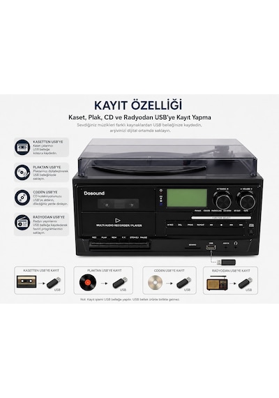 Dosound Tr-17 Ahşap Çok Fonksiyonlu Pikap Kaset Cd Usb Bluetooth Müzik Sistemi 1 Adet