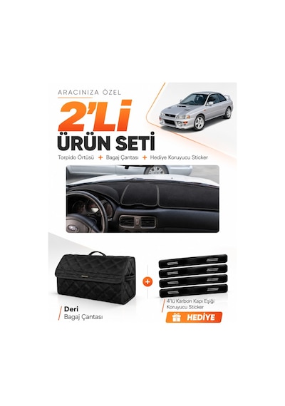 Subaru İmprezza 1998-2000 Uyumlu Torpido Örtüsü + Deri Bagaj Çantası + Sticker Seti - Siyah