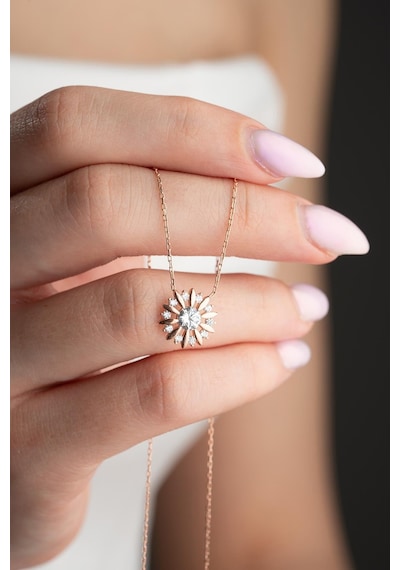 925 Ayar Gümüş Rose Kaplama Işıltılı Tektaş Güneş Kolye Rose Gold