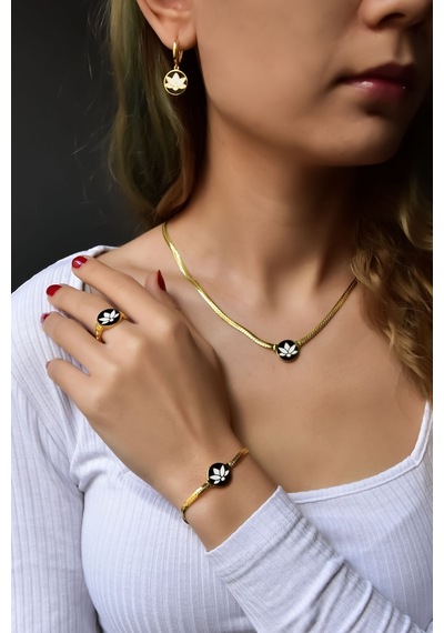 Papatya Silver 925 Ayar Gold Kaplama Mineli Lotus Çiçeği Kolye-Bileklik-Yüzük-Küpe Set
