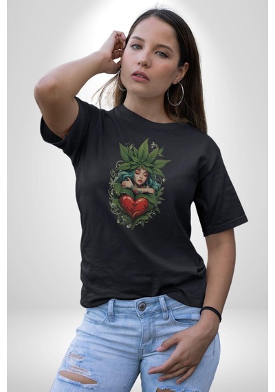 Kalp Parmak Kız Yeşillik Mutluluk Unisex Unisex Siyah Organik Baskılı T-shirt Penye Yüksek Kalite Siyah