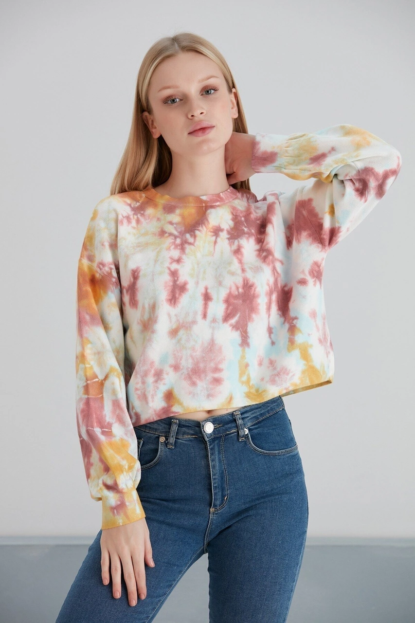 Mamayaga Kadın Batik Desen Crop Boy Sarı Pembe Bej Triko Kazak Pembe