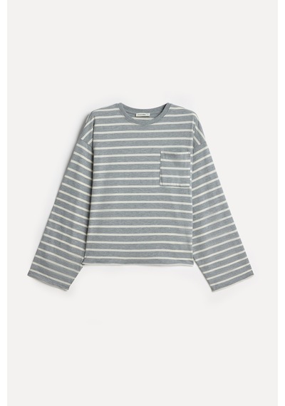 Mudo Kadın Kadın Gri Melanj Çizgili Loose Fit Bisiklet Yaka Sweatshirt 1271472