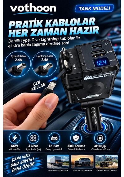 Tank Modeli 66w 4 Ü 1 Arada Çift Kablolu Araç İçi Çakmaklık Hızlı Şarj Aleti Voltaj Göstergeli