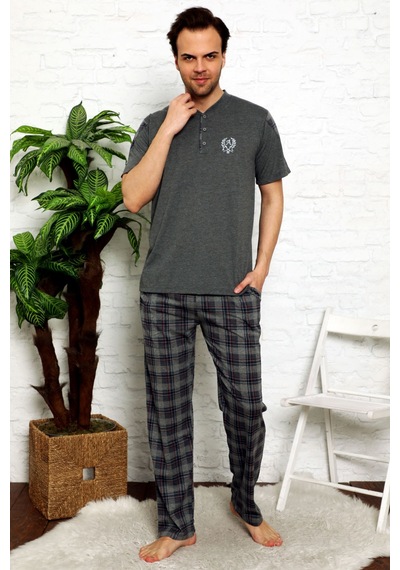 Alimer 1152KK-A Erkek Kısa Kollu Ekoseli Pijama Takımı Antrasit