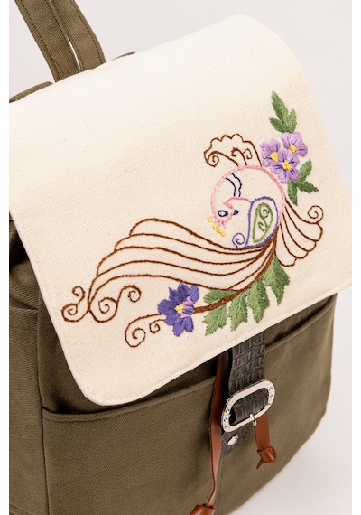 Fabric Craft Bag Sırt Çantası Kadın Nakış İşlemeli Kanvas Astarlı Haki 30x38 Cm
