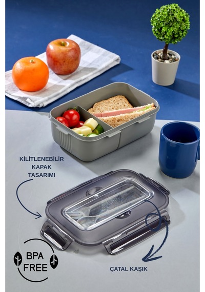 Tek Katlı Bölmeli Lunch Box Okul Ve Ofis İçin Pratik Yemek Kabı Gri