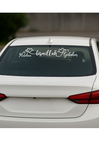 Kişiye Özel Aile Çift Arka Cam Yazısı Bismillah Ve İsimli Dekorlu Sticker Oto Kamyon 10x50 Cm