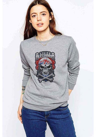 Alexandria Skull Kuru Kafa Baskılı Gri Kadın Sweatshirt