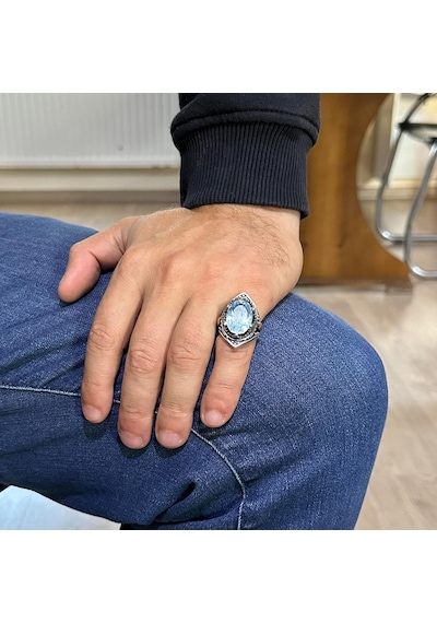 Gerçek Doğal Mavi Londra Topaz Taşlı Yüzük, Gümüş Erkek Kral Yüzüğü Gümüş