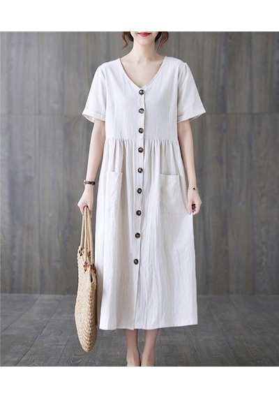 Keten Rahat V Yaka Beli Büzgülü Düğmeli Elbise Renkli