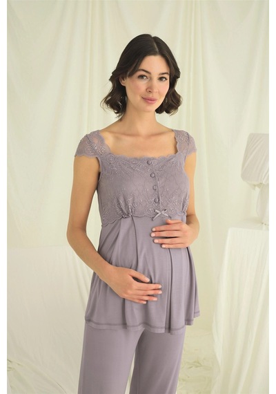 L'ombre Dantelli Önü Düğmeli Hamile Lohusa 3lü Pijama Takımı