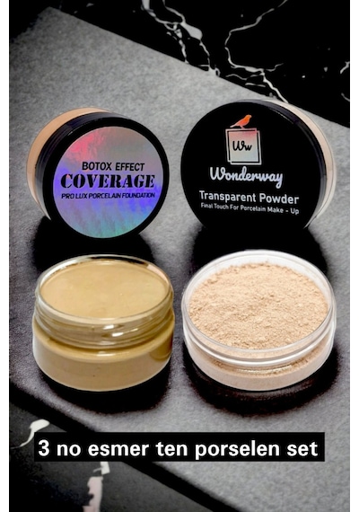 Wonderway Yoğun Kapatıcı Porselen Fondöten & Transparan Pudra Set 03 Esmer Ten Sünger ve Göz Kalemi