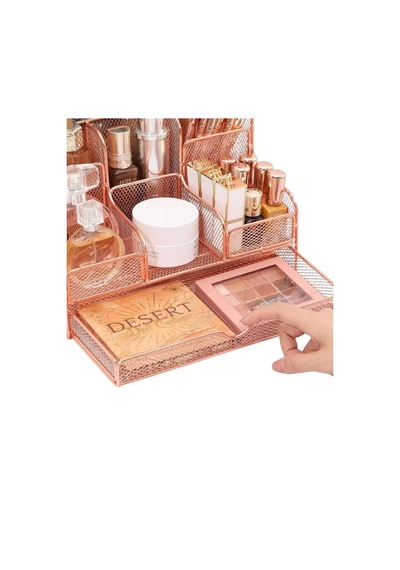 Temel Rose Gold Metal Mesh Masaüstü Organizer Çekmeceli Çok Bölmeli 25x17x16 Cm 9527r