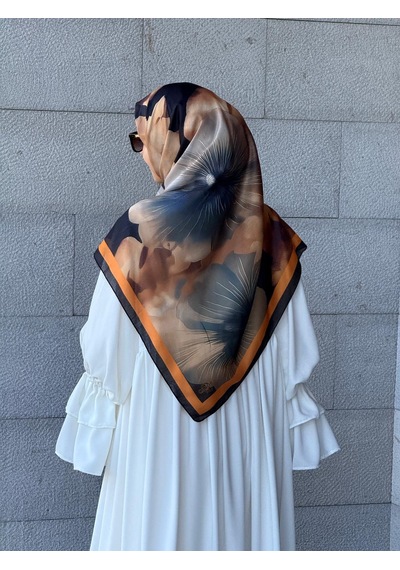 Qalortex Scarf Pamuklu Flora Desen Eşarp-siyah/gold Siyah-Gold