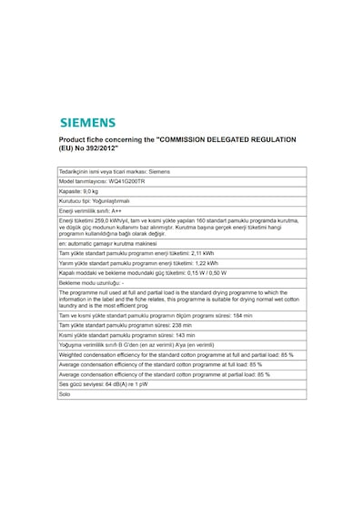 Siemens WQ41G200TR 9 KG Isı Pompalı Çamaşır Kurutma Makinesi