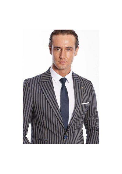 Wessi Çizgili Koyu Slim Fit Lacivert Erkek Ceket Siyah