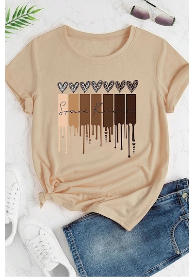 Uyguntarz Unisex Leopar Kalp Baskılı Oversize T-shirt Bej