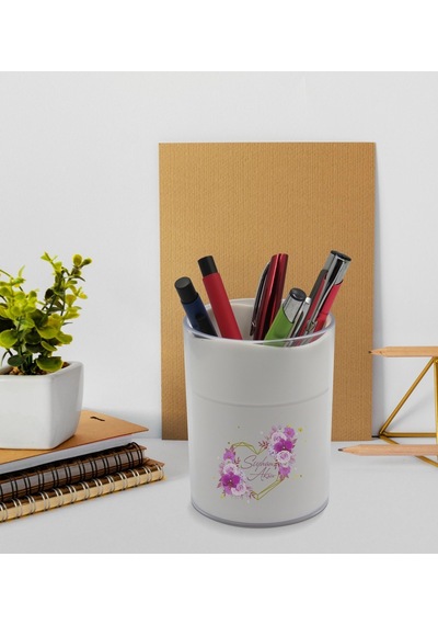 Bk Gift Kişiye Özel Çiçek Tasarımlı Beyaz Akrilik Kalemlik - Model 3