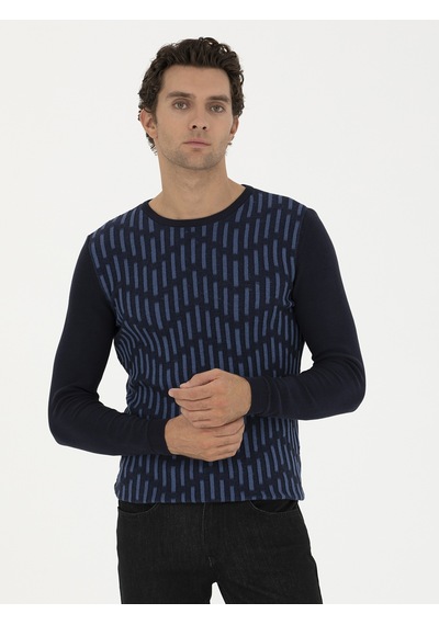 Cacharel Lacivert Slim Fit %100 Pamuk Bisiklet Yaka Triko Kazak
