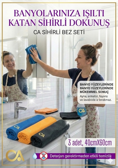 Sihirli Mikrofiber Temizlik Bez, Cam Ayna Temizlik Bezi 3 Adet 40x60cm