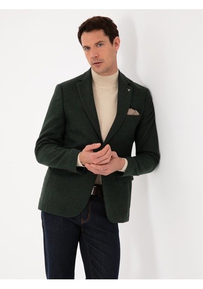 Cacharel Haki Slim Fit Yün Karışımlı Mikro Desenli Ceket Yesıl